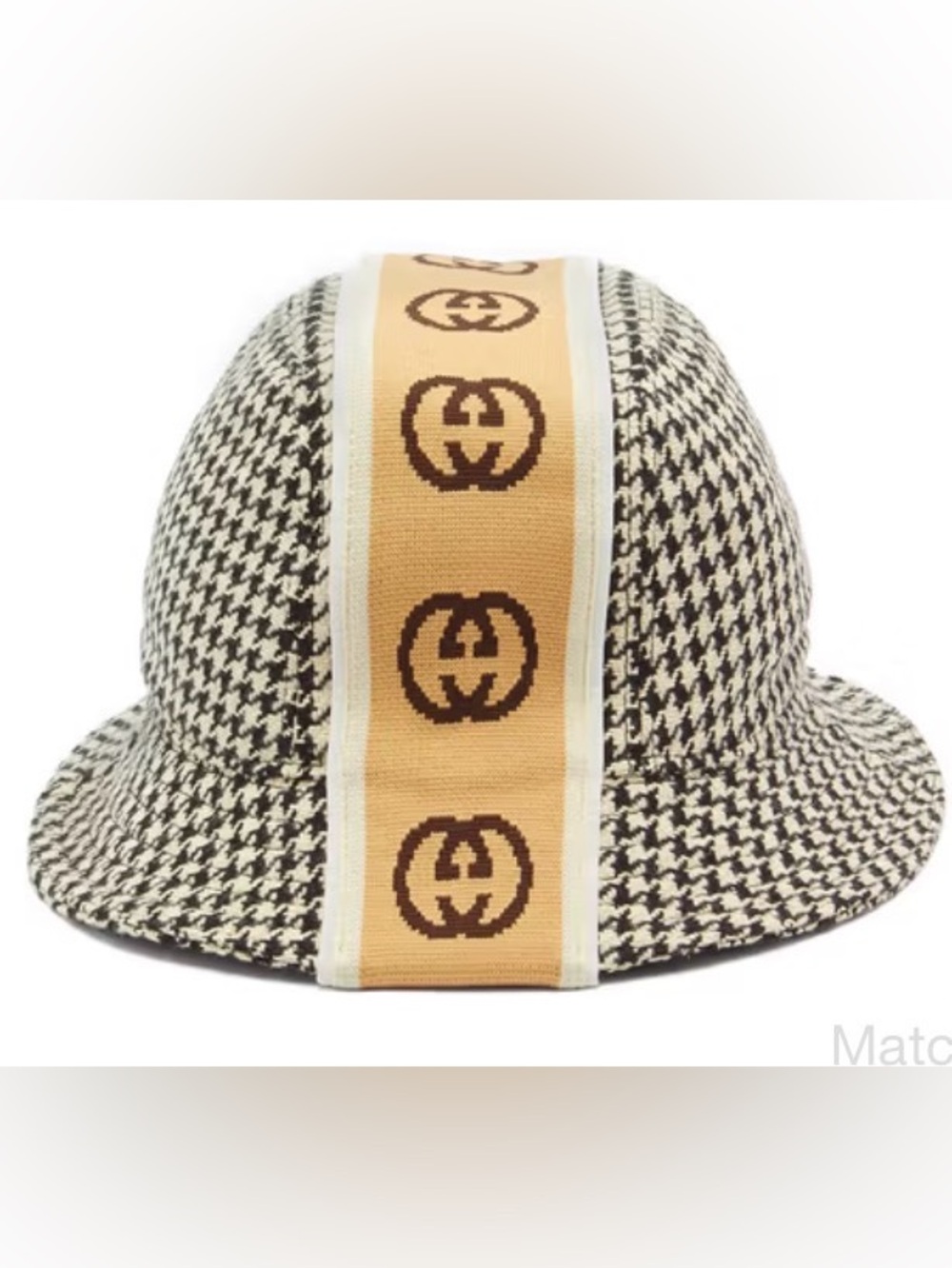 Gucci Houndstooth Bucket Hat in Black, White & Tan Stripe